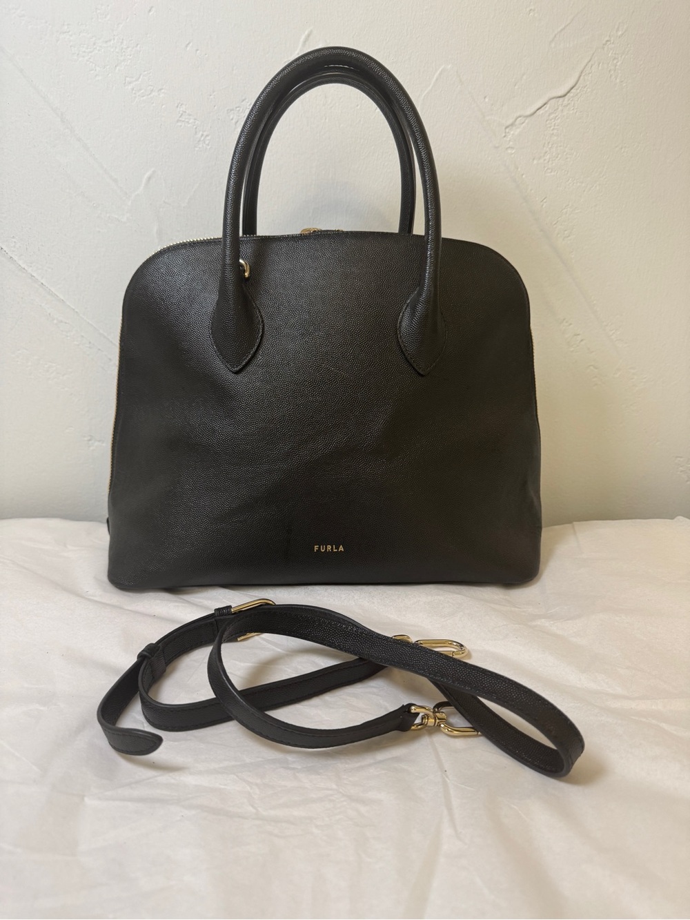 Furla Code Black Leather Dome Satchel with Detachable Strap